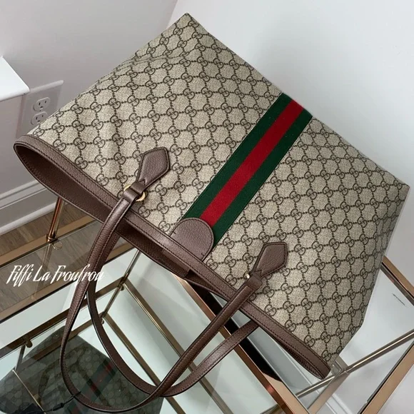 Gucci Beige Monogram Tote with Green and Red Web Stripe and Brown Trim - Picture 11 of 16
